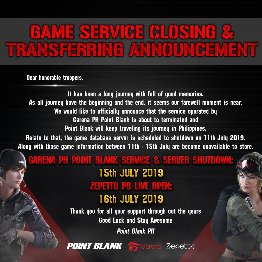 Point Blank Philippines Garena end of service announcement graphic Point Blank Philippines Garena end of service announcement graphic