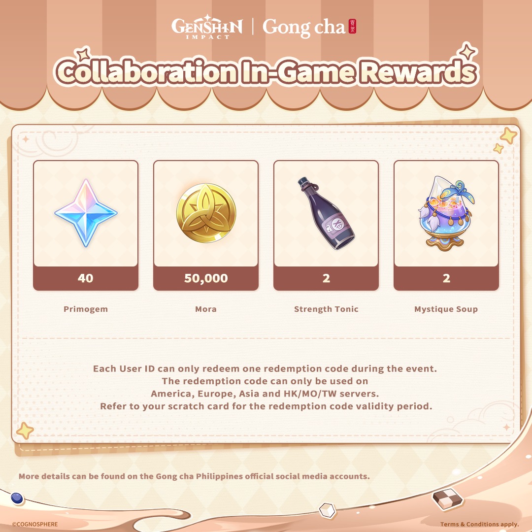 Genshin Impact x Gong Cha Philippines: The Taste of Joy collaboration in-game rewards banner