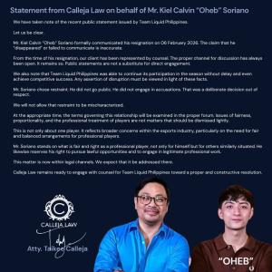 Kiel Calvin "Oheb" Soriano's Attorney's legal public statement regarding his resignation from Team Liquid Philippines on March 27, 2026, banner
