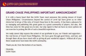 Grand Chase Philippines closure announcement screenshot