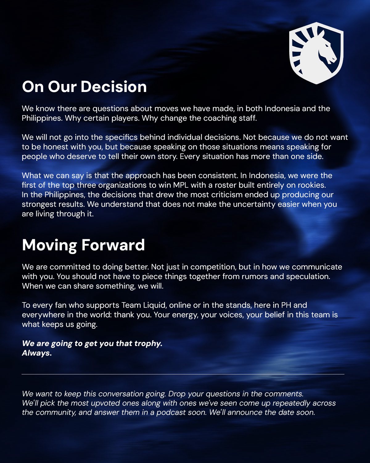 Team Liquid Philippines' March 26, 2026, public response to Oheb's resignation banner (part 3 of 3)