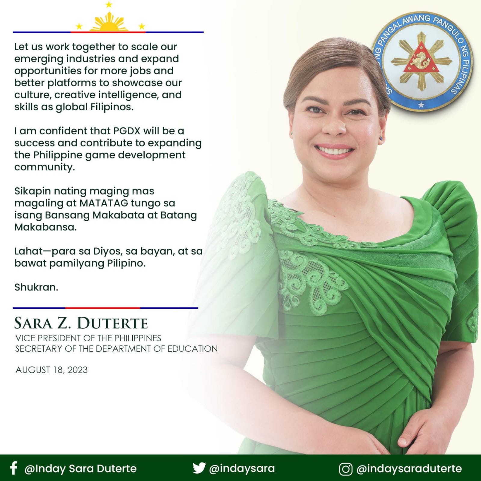 Sarah Duterte's Philippine GameDev Expo 2023 message banner (part 2)