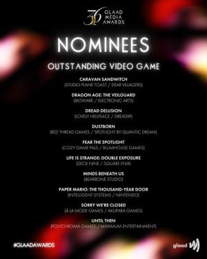 36th GLAAD Media Awards Outstanding Video Game category nominees banner 36th GLAAD Media Awards Outstanding Video Game category nominees banner