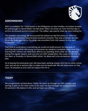 Team Liquid Philippines' March 26, 2026, public response to Oheb's resignation banner (part 2 of 3)
