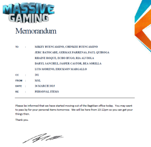 Massive Gaming's memorandum to vacate the office Massive Gaming's memorandum to vacate the office