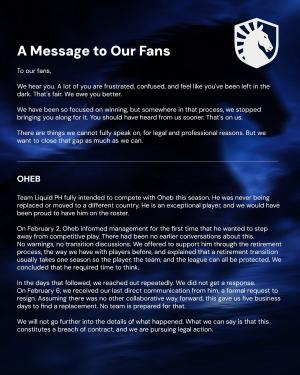 Team Liquid Philippines' March 26, 2026, public response to Oheb's resignation banner (part 1 of 3)