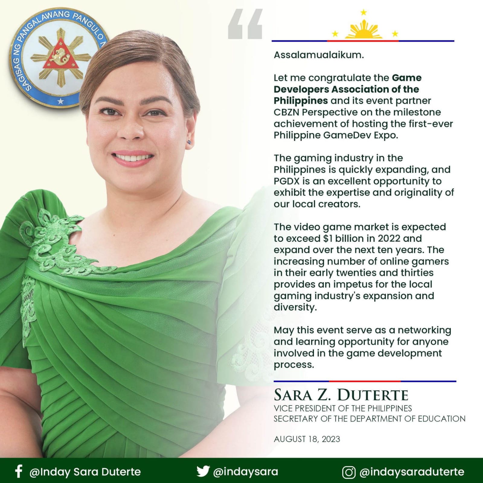 Sarah Duterte's Philippine GameDev Expo 2023 message banner (part 1)