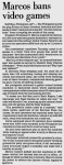 Marcos Bans Video Games article from British newspaper The Telegraph dated November 21, 1981 Marcos Bans Video Games article from British newspaper The Telegraph dated November 21, 1981