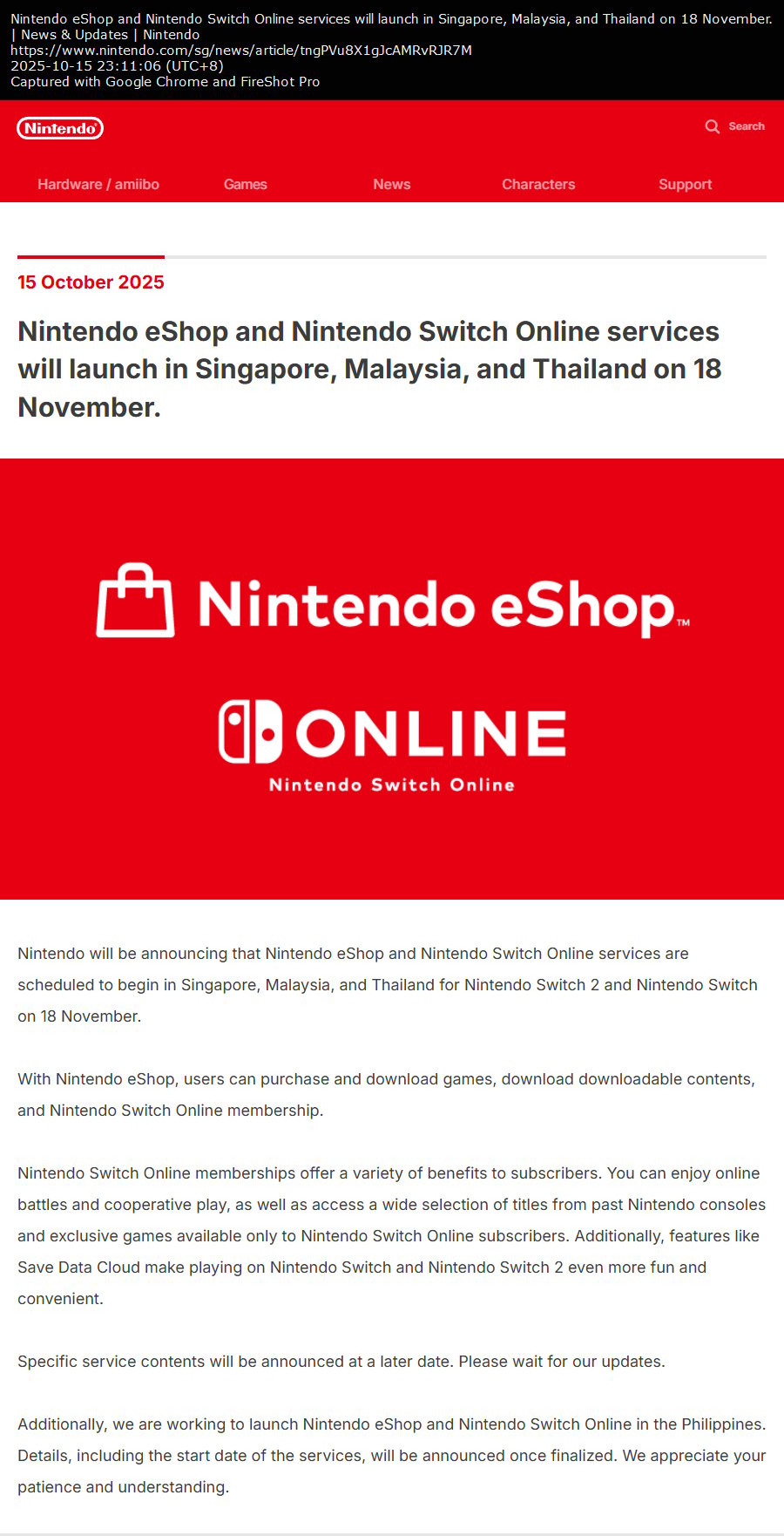 Nintendo eShop and Nintendo Switch Online services will launch in Singapore, Malaysia, and Thailand on 18 November.