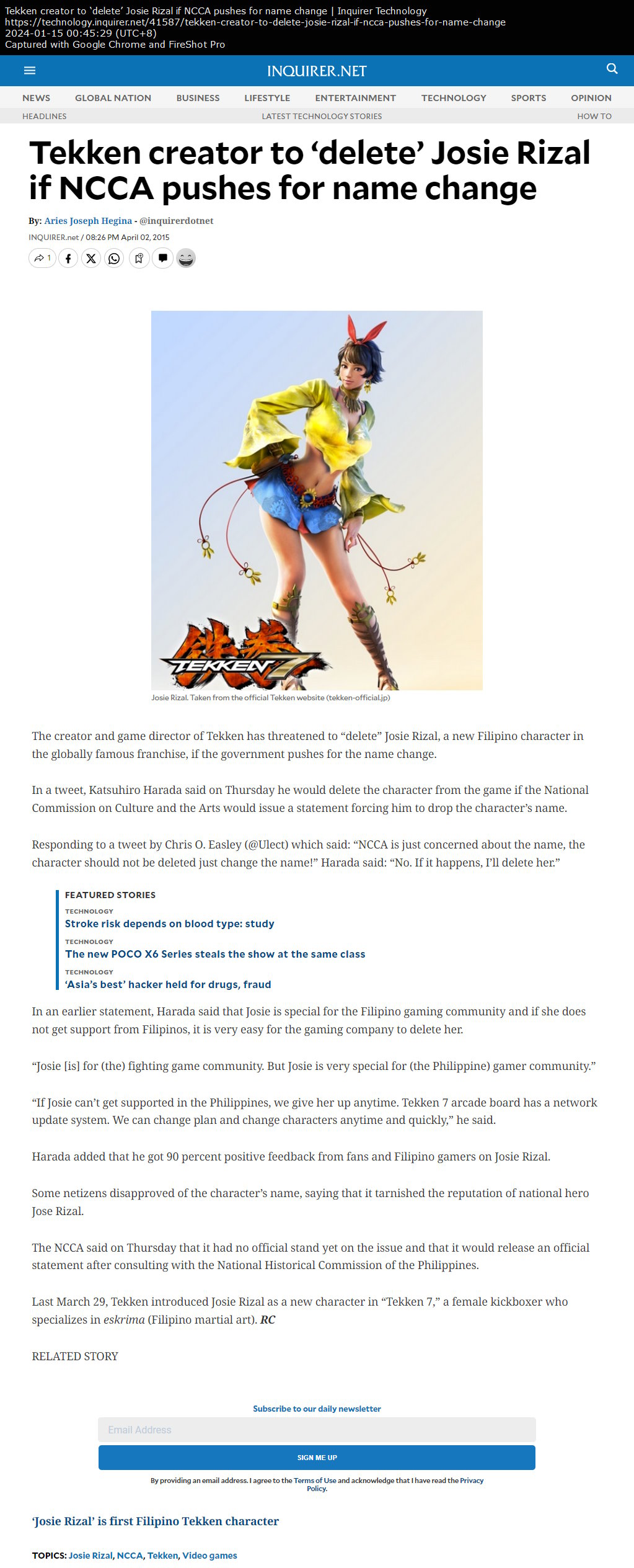 Tekken creator to ‘delete’ Josie Rizal if NCCA pushes for name change