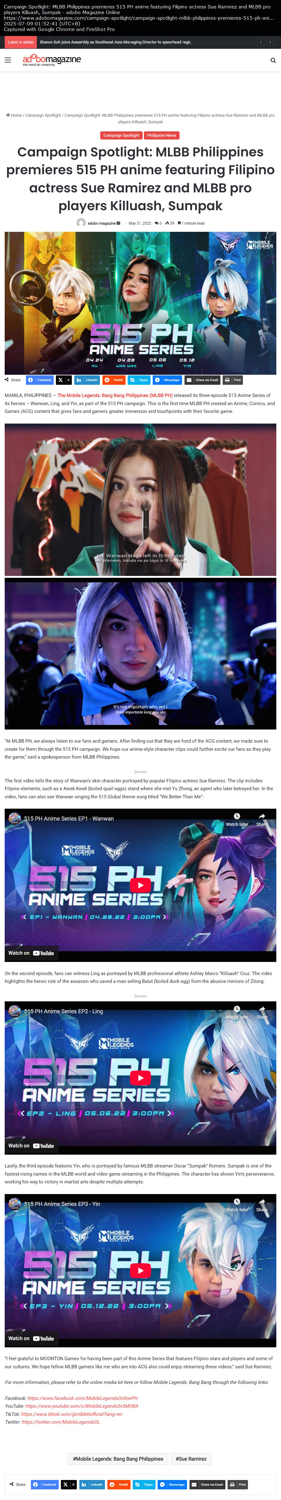 Campaign Spotlight: MLBB Philippines premieres 515 PH anime featuring Filipino actress Sue Ramirez and MLBB pro players Killuash, Sumpak