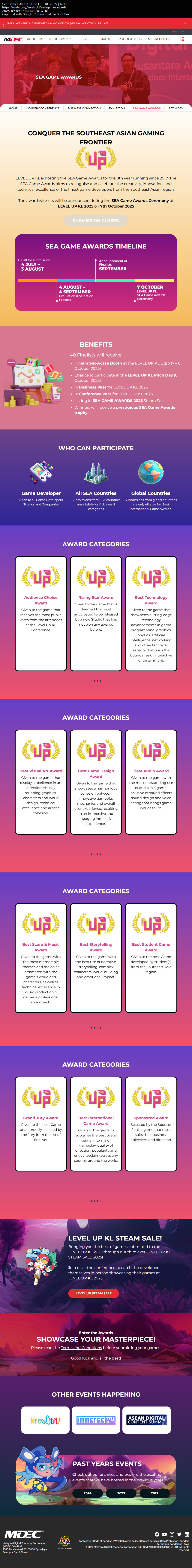 Level Up KL SEA Game Awards page during 2025 edition