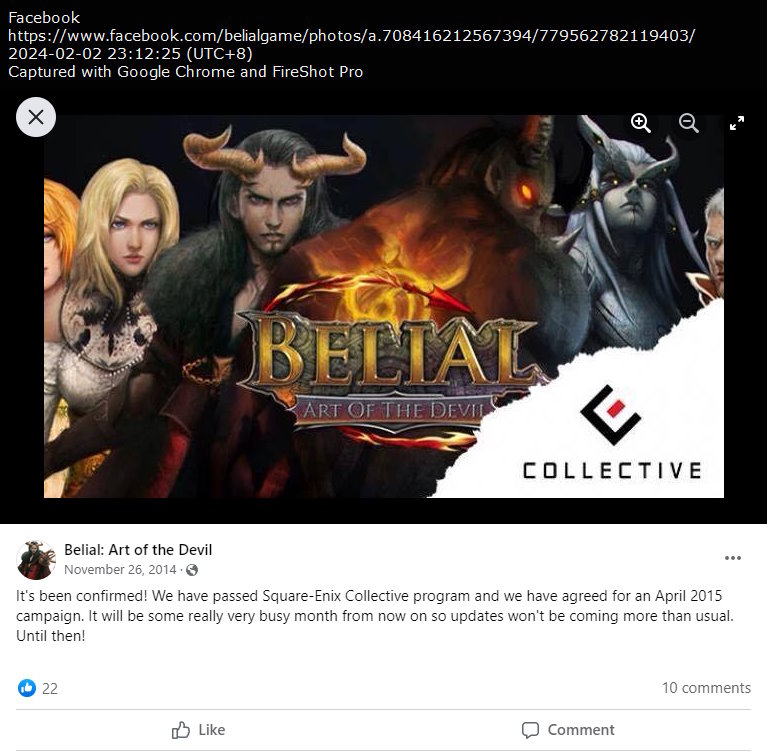 Belial: Art of the Devil Facebook page post