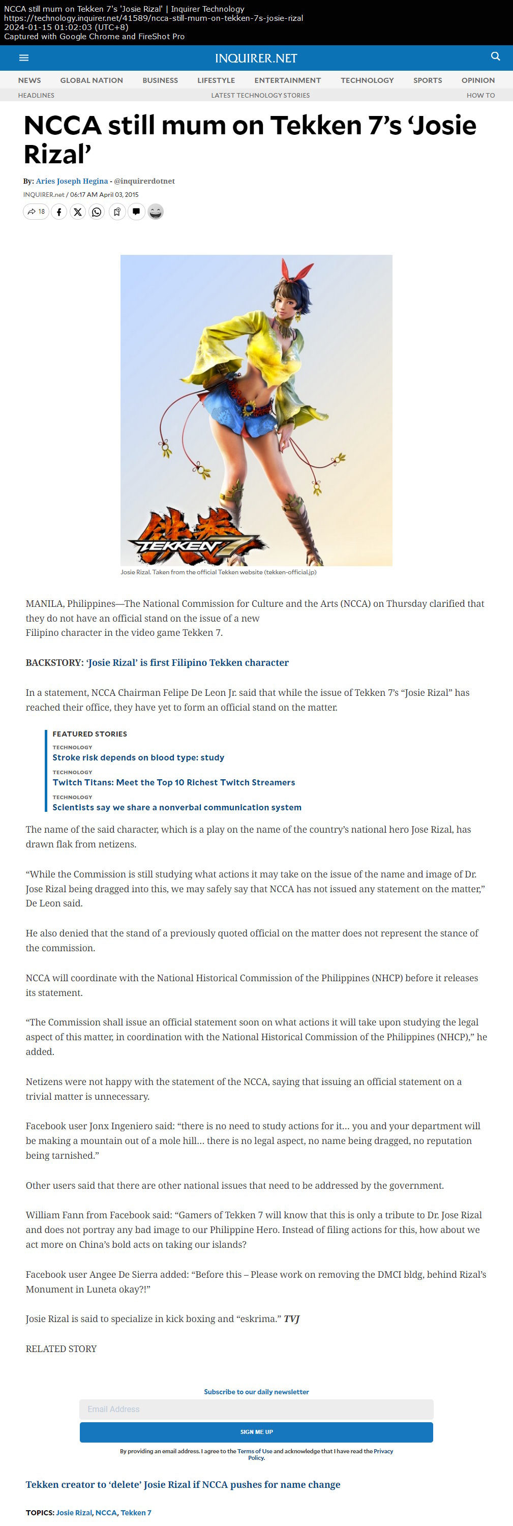 NCCA still mum on Tekken 7’s ‘Josie Rizal’