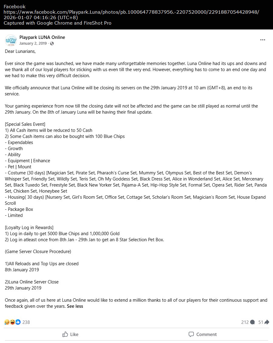 PlayPark LUNA Online closure announcement PlayPark LUNA Online closure announcement