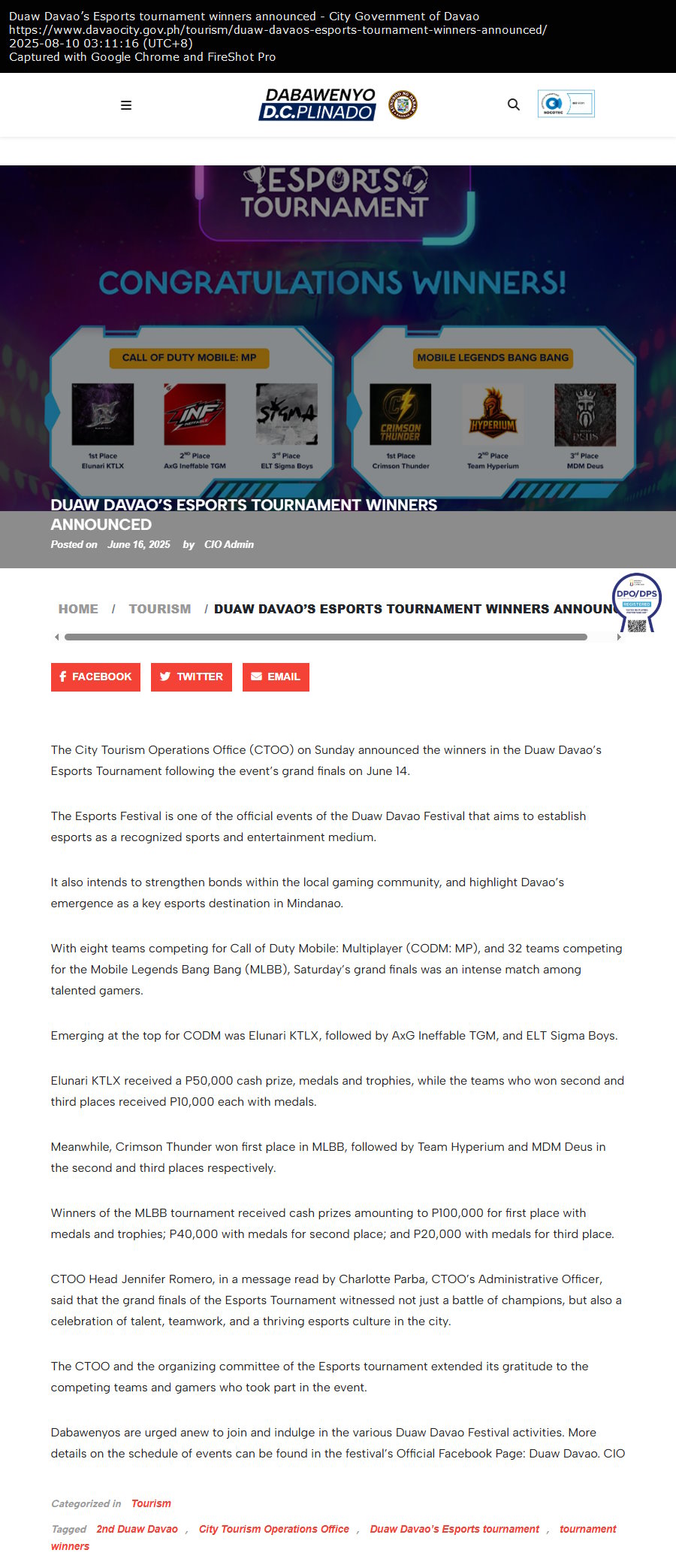 Duaw Davao’s Esports tournament winners announced