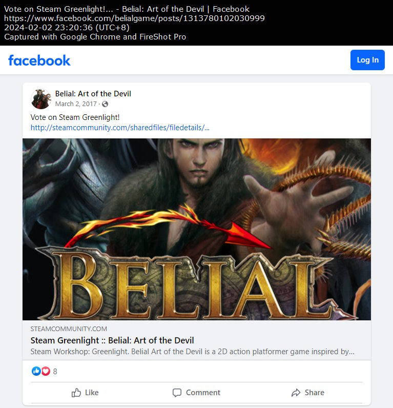 Belial: Art of the Devil Facebook page post