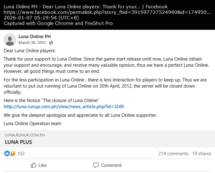Luna Online Philippines closure announcement