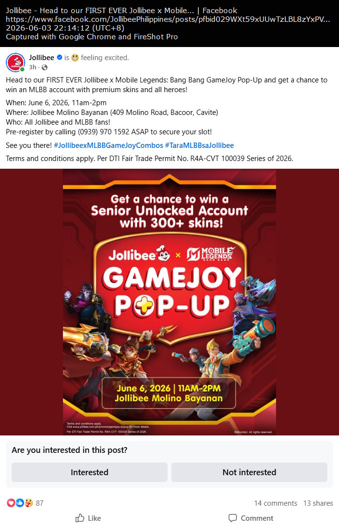 First Jollibee x Mobile Legends: Bang Bang GameJoy Pop-Up event at Jollibee Molino Bayanan