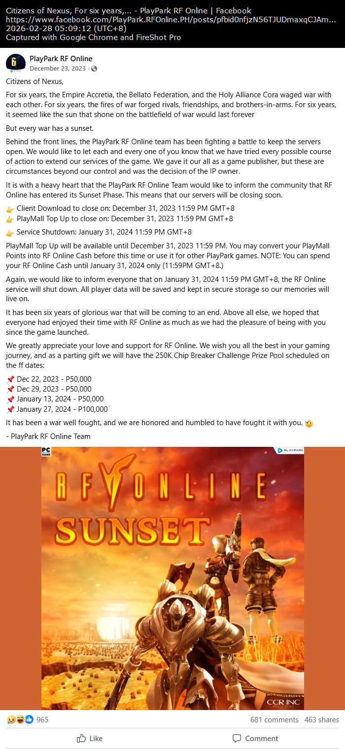 PlayPark RF Online shutdown announcement