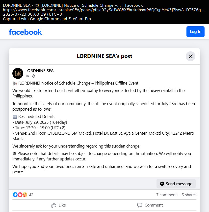 LORDNINE SEA post (Philippine Offline Event rescheduled)