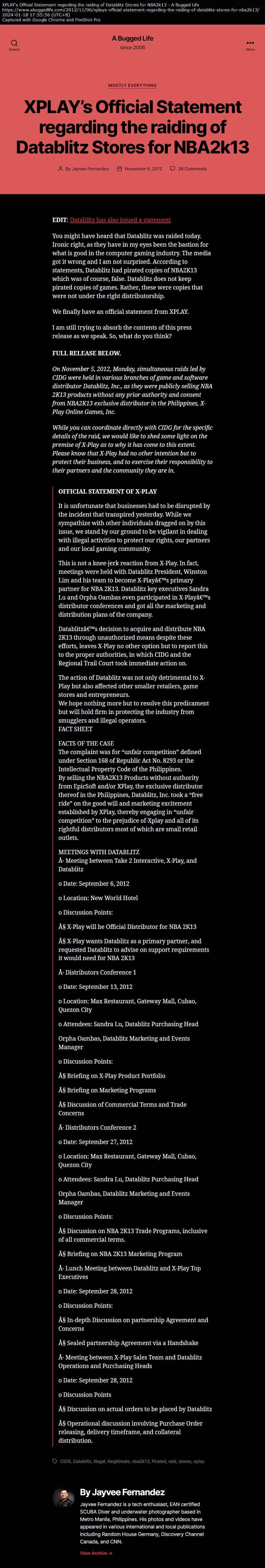 XPLAY’s Official Statement regarding the raiding of Datablitz Stores for NBA2k13