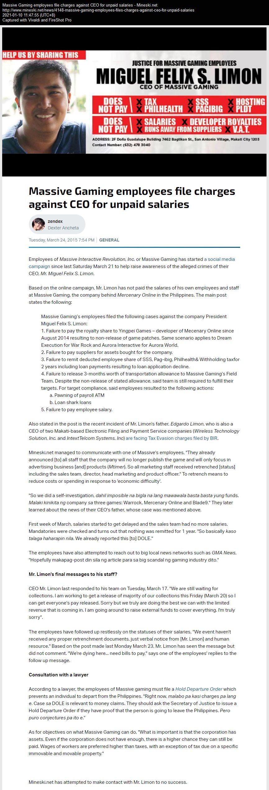 Massive Gaming employees file charges against CEO for unpaid salaries