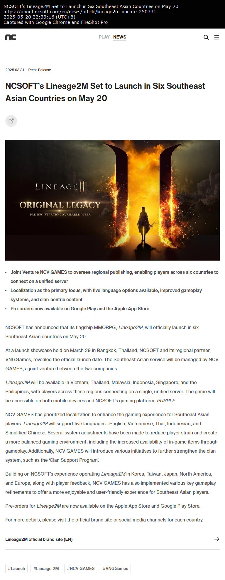 NCSOFT’s Lineage2M Set to Launch in Six Southeast Asian Countries on May 20 NCSOFT’s Lineage2M Set to Launch in Six Southeast Asian Countries on May 20