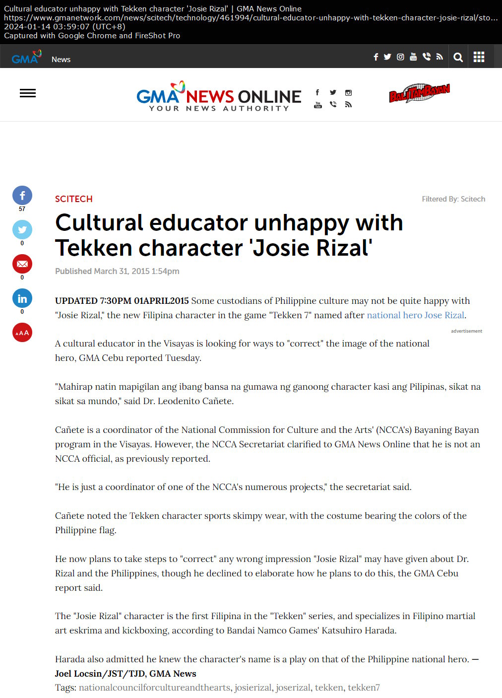 Cultural educator unhappy with Tekken character 'Josie Rizal' (updated)