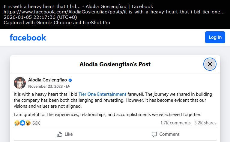 Alodia Gosiengfiao announcing her leave at Tier One Entertainment