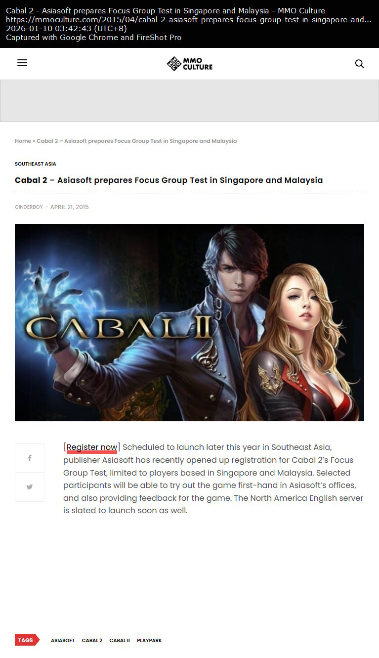 Cabal 2 – Asiasoft prepares Focus Group Test in Singapore and Malaysia