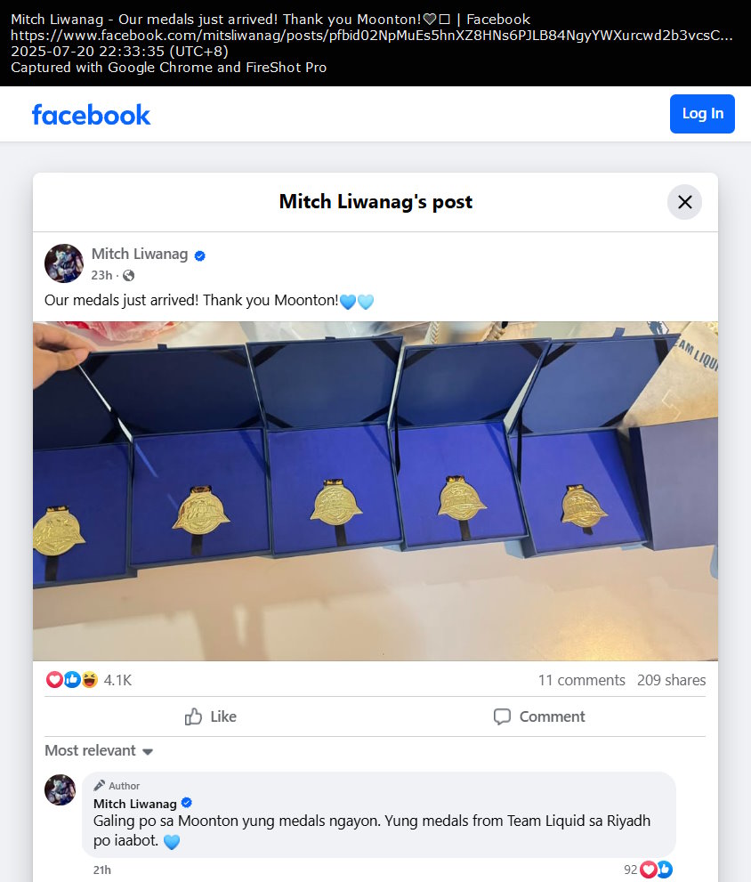 Mitch Liwanag Facebook post (new medals of MPL Philippines Season 15 from Moonton) Mitch Liwanag Facebook post (new medals of MPL Philippines Season 15 from Moonton)