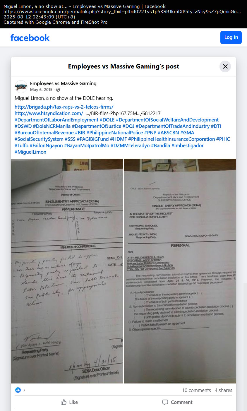 Employees vs Massive Gaming post (CEO Miguel Limon no-show on two DOLE hearings)