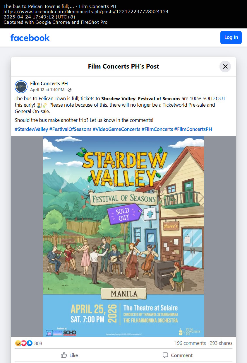 Film Concerts PH's Post (Stardew Valley: Festival of Seasons Manila tickets sold out) Film Concerts PH's Post (Stardew Valley: Festival of Seasons Manila tickets sold out)