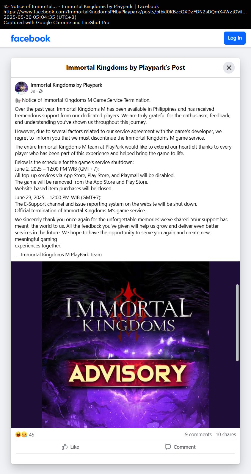Immortal Kingdoms by Playpark Facebook post (Service termination) Immortal Kingdoms by Playpark Facebook post (Service termination)