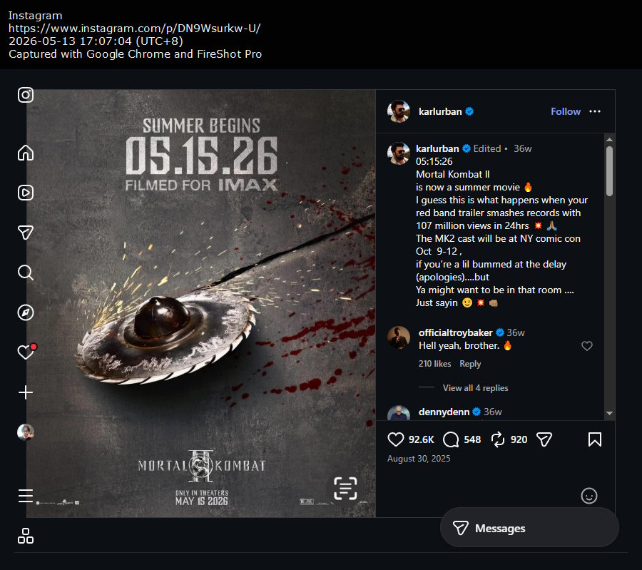 Karl Urban explains Mortal Kombat 2 film delay to May 2026