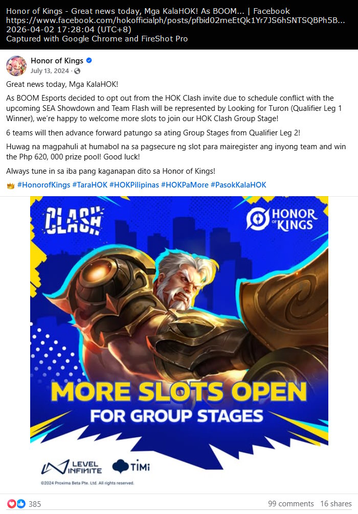 Update status regarding invited teams for the Honor of Kings Clash Philippines 2024 tournament