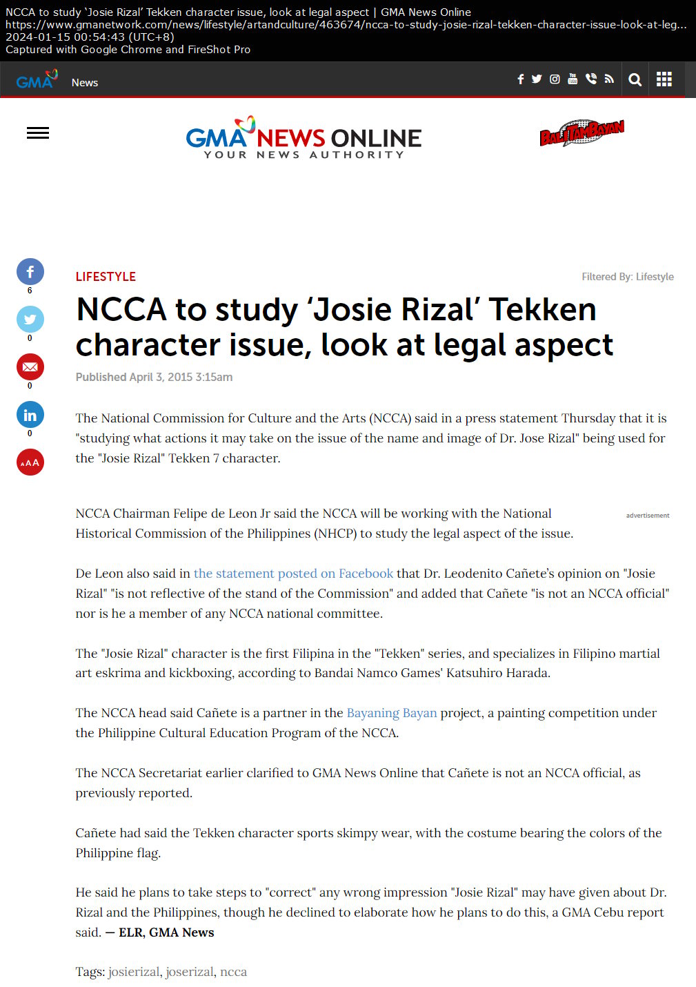 NCCA to study ‘Josie Rizal’ Tekken character issue, look at legal aspect