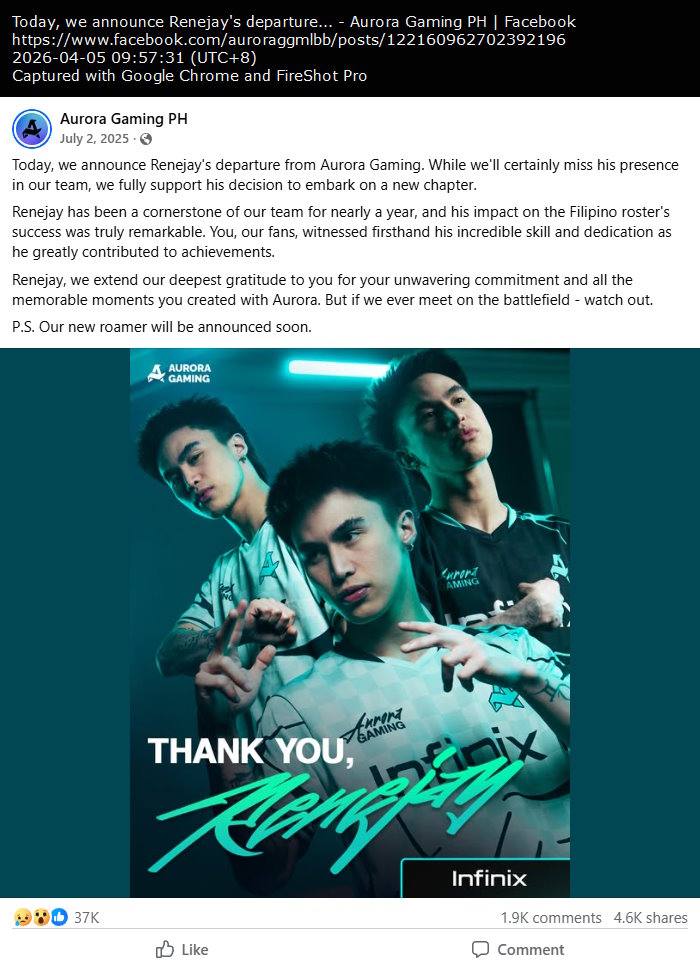 Aurora Gaming PH bids farewell to Renejay