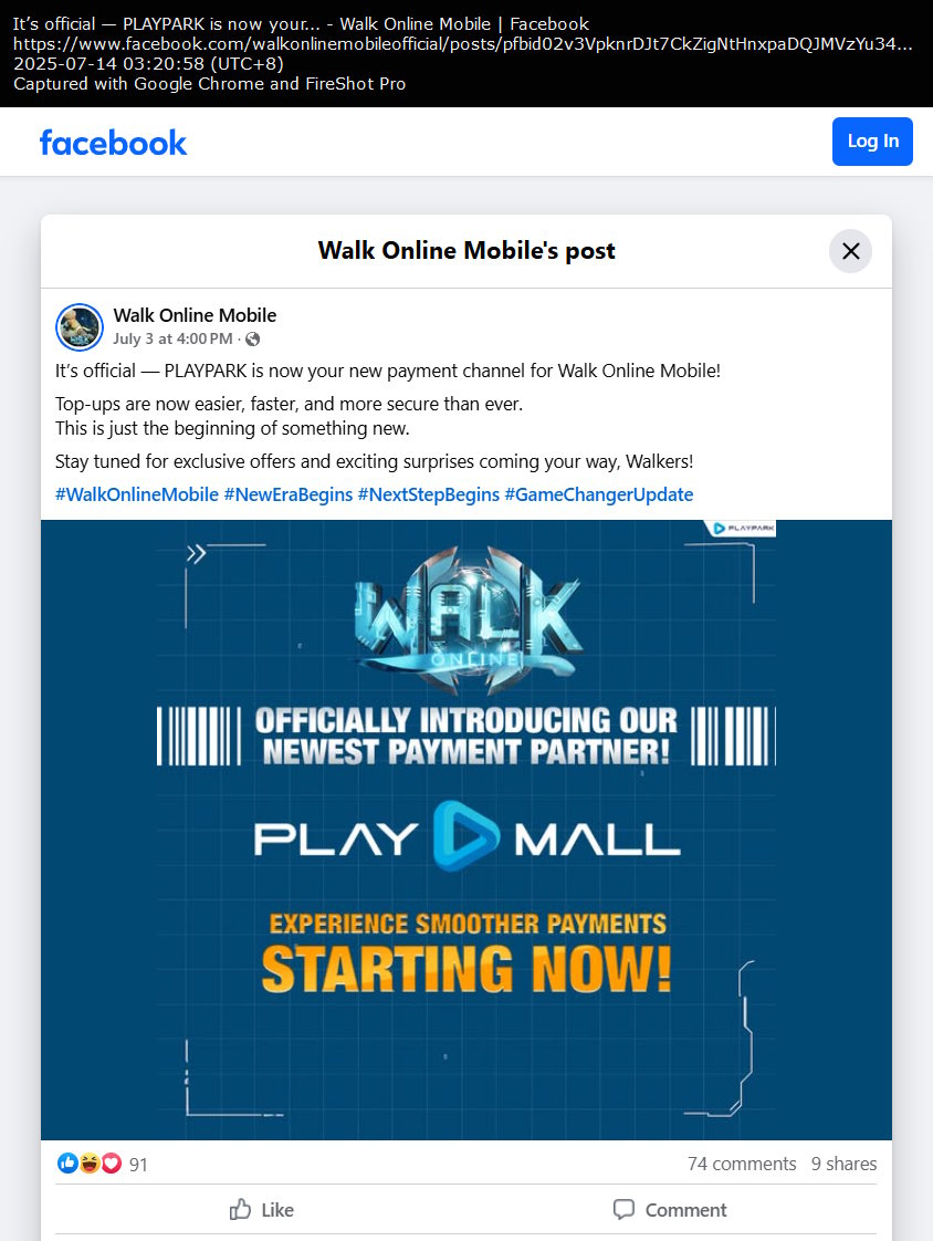 Walk Online Mobile Facebook post (PlayPark is a new payment channel for the game)