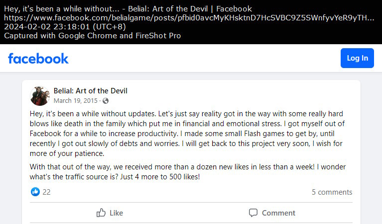 Belial: Art of the Devil Facebook page post