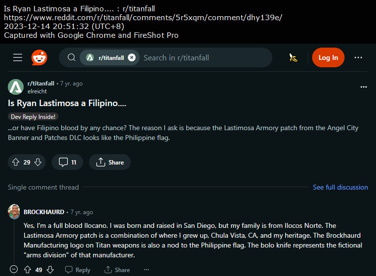 Reply to /r/titanfall thread "Is Ryan Lastimosa a Filipino...."
