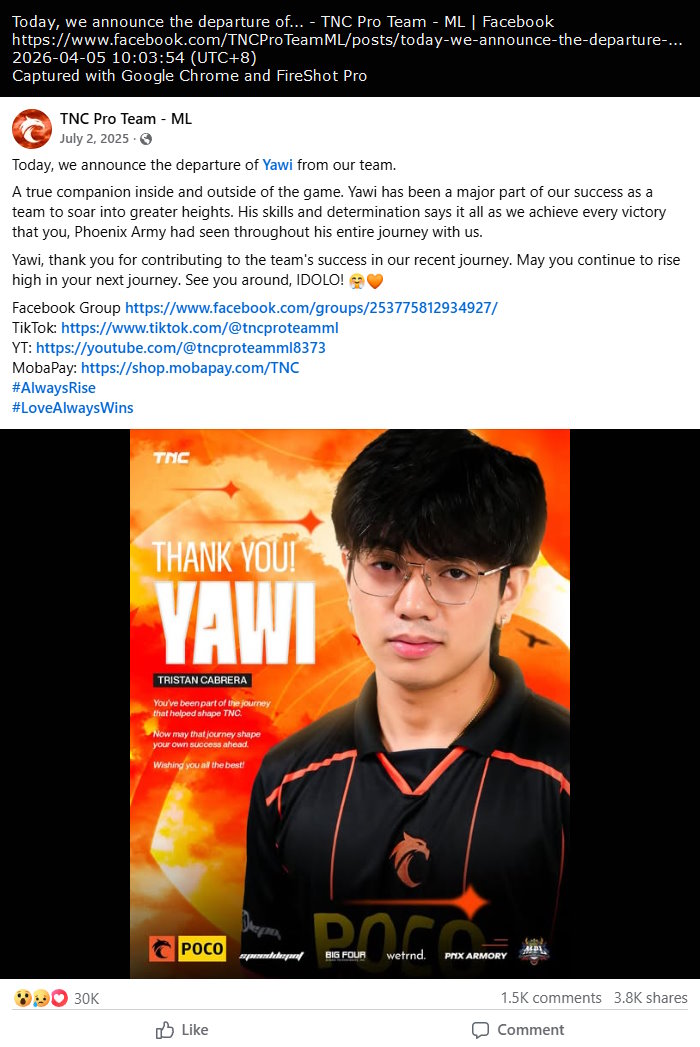 TNC Pro Team (Mobile Legends) bids farewell to Yawi