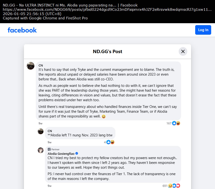 Alodia Gosiengfiao's response to Tier One Entertainment's late salary October 2025 controversy in the comments section of a meme post Alodia Gosiengfiao's response to Tier One Entertainment's late salary October 2025 controversy in the comments section of a meme post