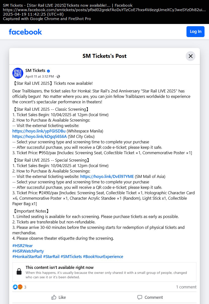 SM Tickets Facebook post (Star Rail LIVE 2025 ticket sale) SM Tickets Facebook post (Star Rail LIVE 2025 ticket sale)