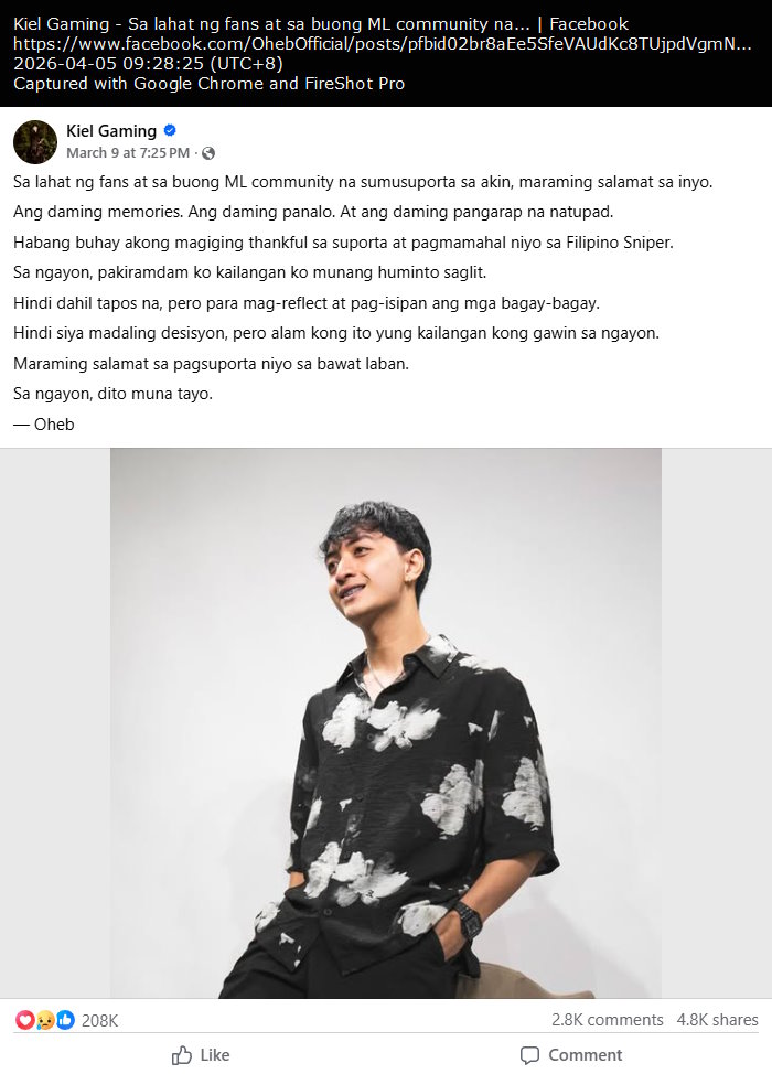 Oheb's vague thank you to the Mobile Legends community before moving to Honor of Kings