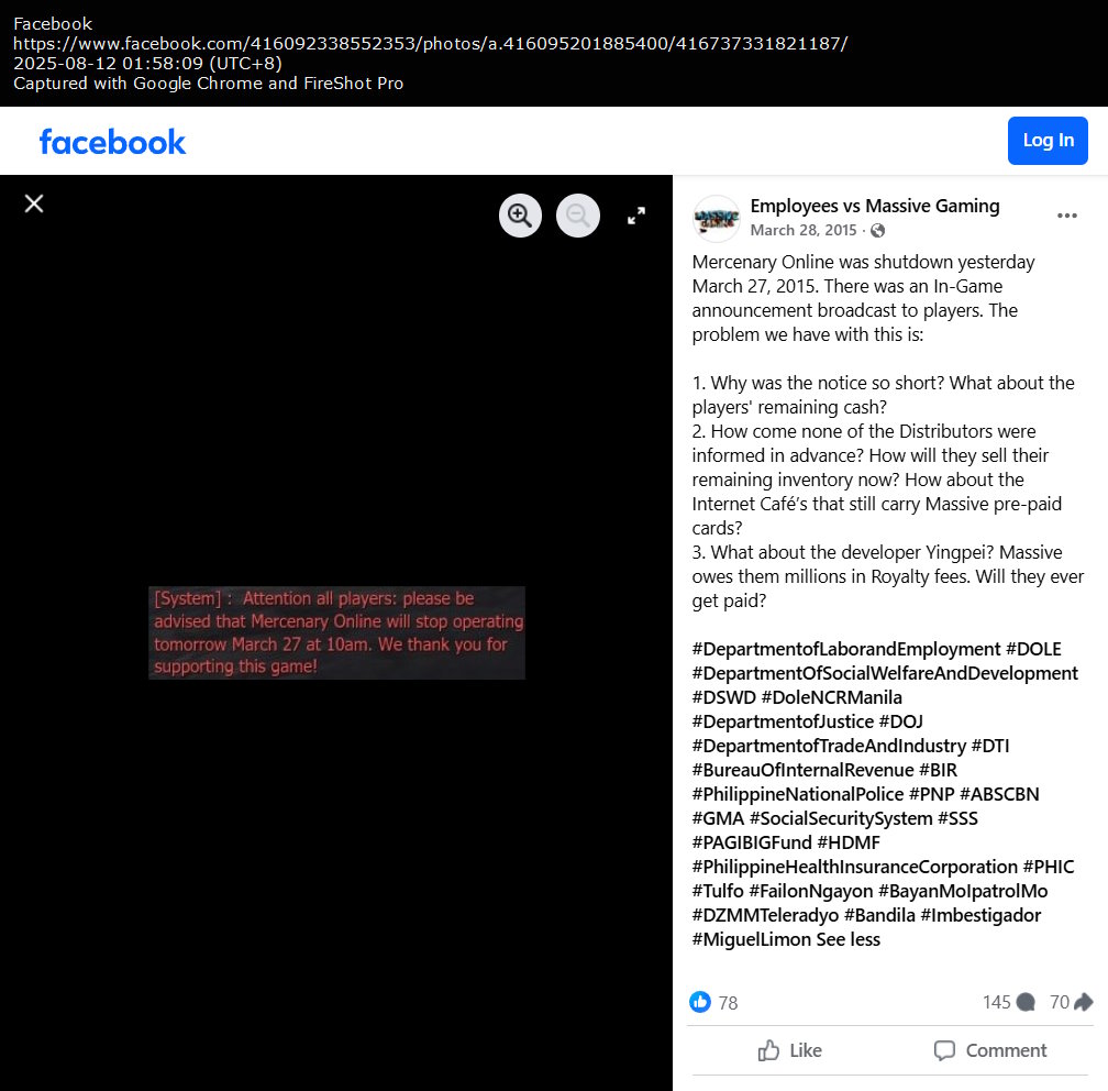Employees vs Massive Gaming Facebook post (Mercenary Online shut down)