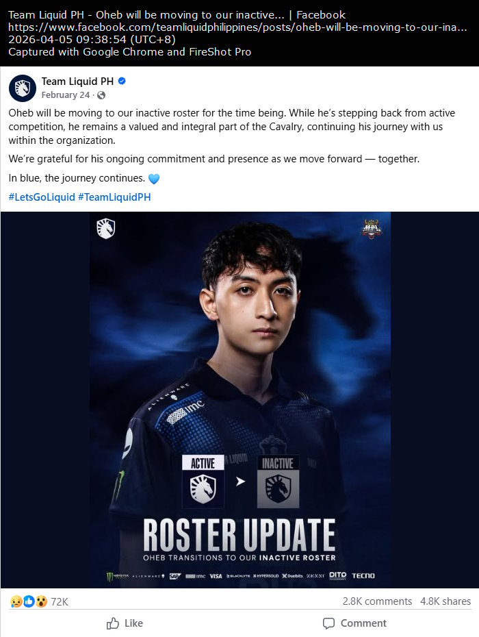Team Liquid Philippines announces putting Oheb in inactive status on February 2026