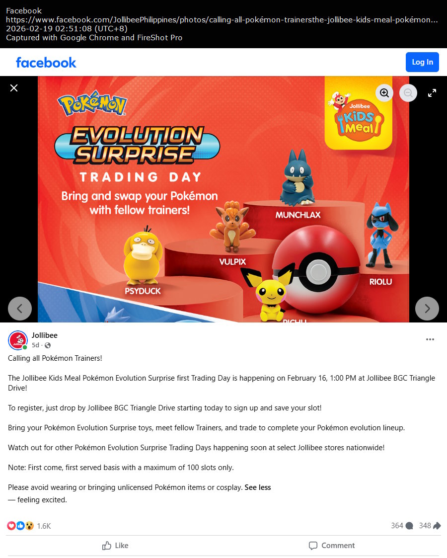Jollibee Kids Meal Pokémon Evolution Surprise Trading Day BGC branch announcement Jollibee Kids Meal Pokémon Evolution Surprise Trading Day BGC branch announcement