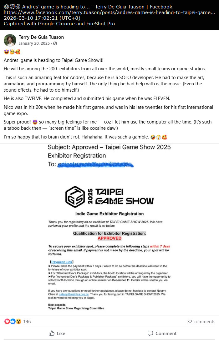 Andres Tuason registered for the Taipei Game Show 2025